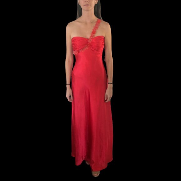 Dazzling Designer Red/Coral Formal Gown Size 3/4 - Picture 2 of 8